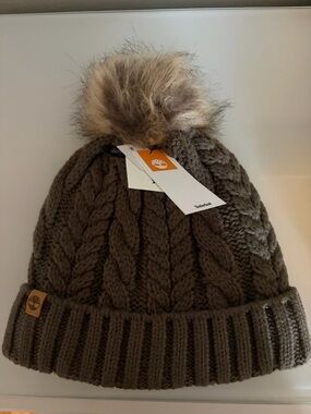 Timberland Olive Brown Cable Knit Pom Hat